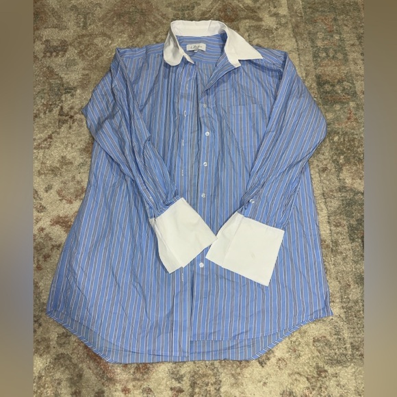 L'Academie Revolve Fresh Stripe Mini Shirtdress in Blue Medium - Picture 2 of 5